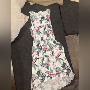 Sleeveless White Floral Midi Dress with Pink & Green Print